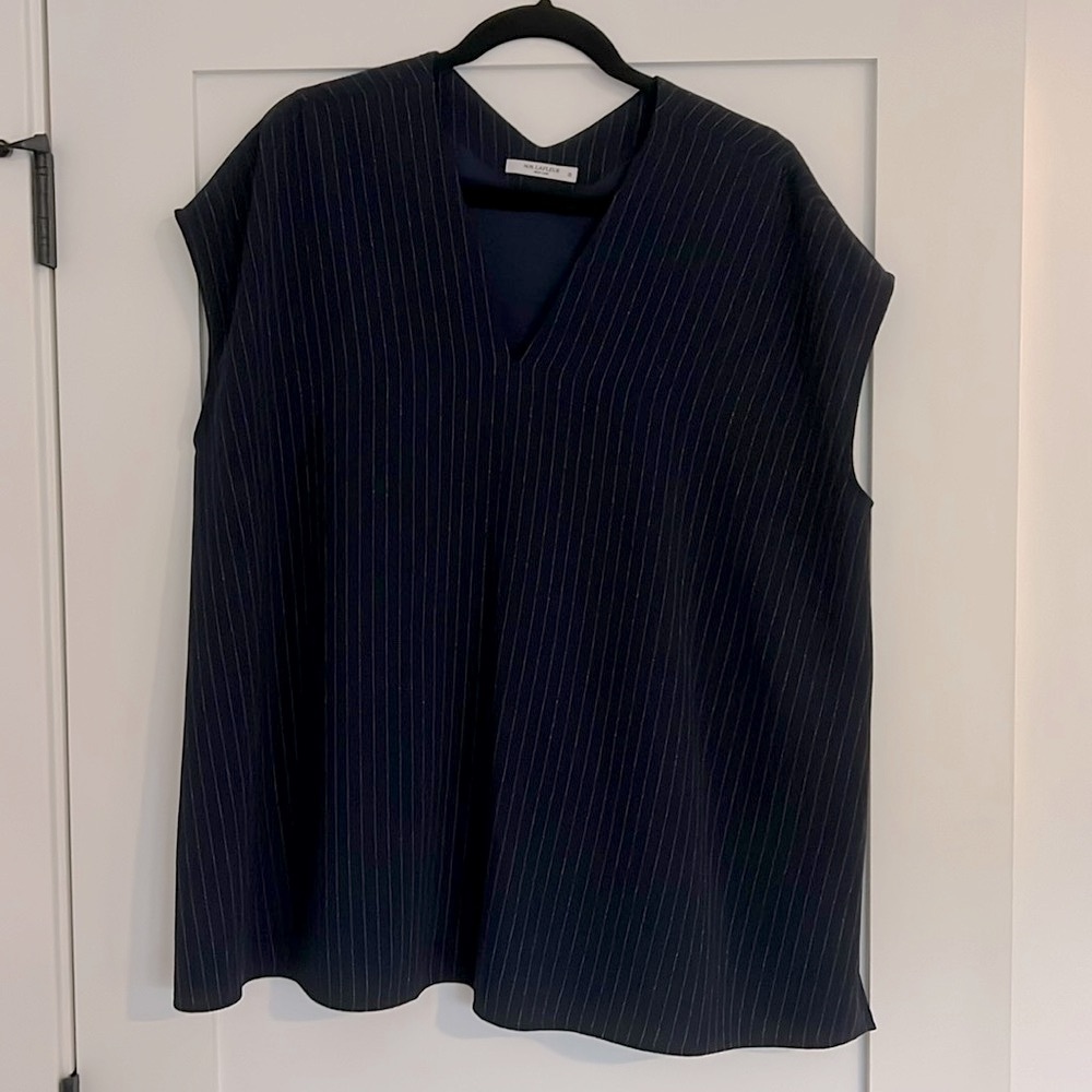 MM Lafleur Navy Pinstripe V-Neck Cap Sleeve Blouse